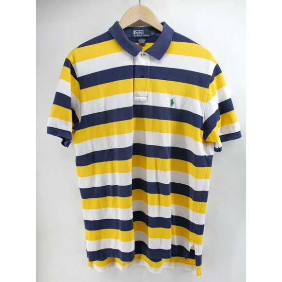 POLO Ralph Lauren Shirt Mens Multi Striped Yellow Blue White Short Sleeve Large - Picture 1 of 7